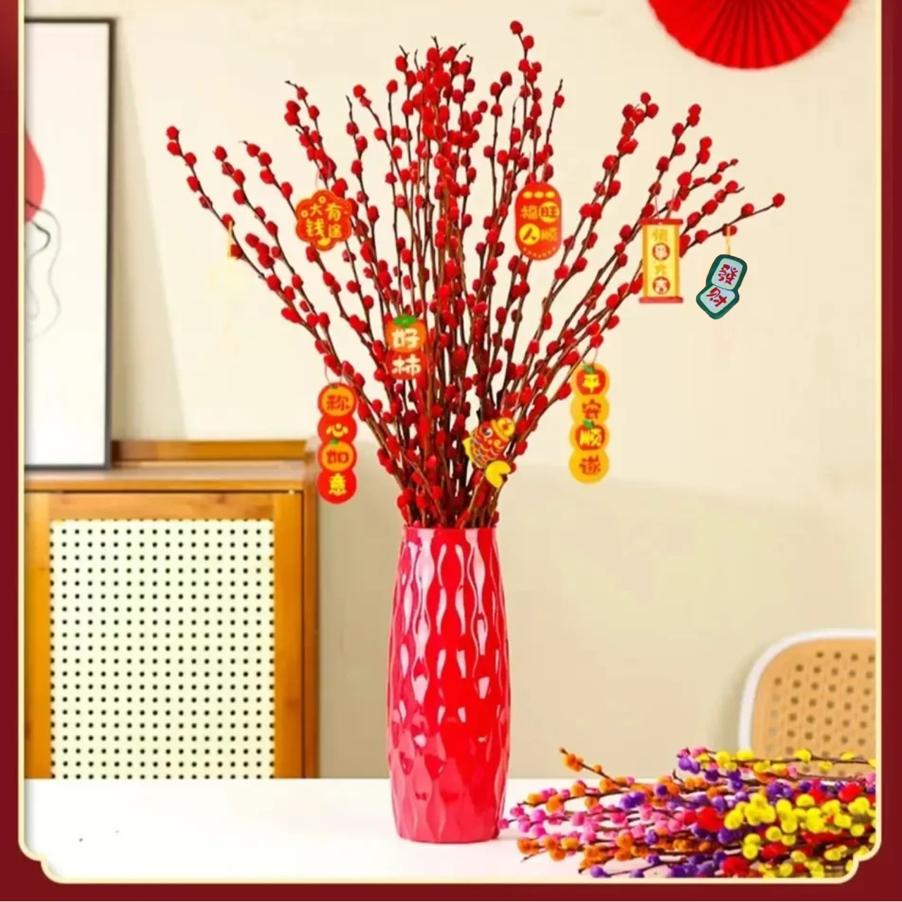 【20支银柳带花瓶】招财真花鲜枝水培植物干花喜庆红色室内客厅喜庆