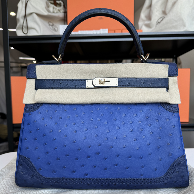 全新未使用 Hermes/爱马仕 Kelly 32电光蓝鸵鸟皮蕾丝拼色浅金扣