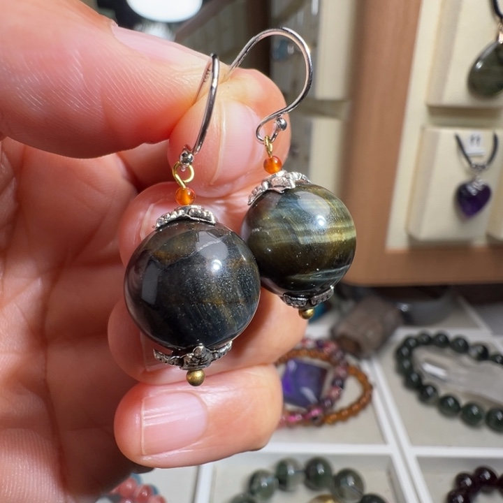 木变石（虎睛石）银S925镶嵌耳钉天然虎眼石耳环13.62mm