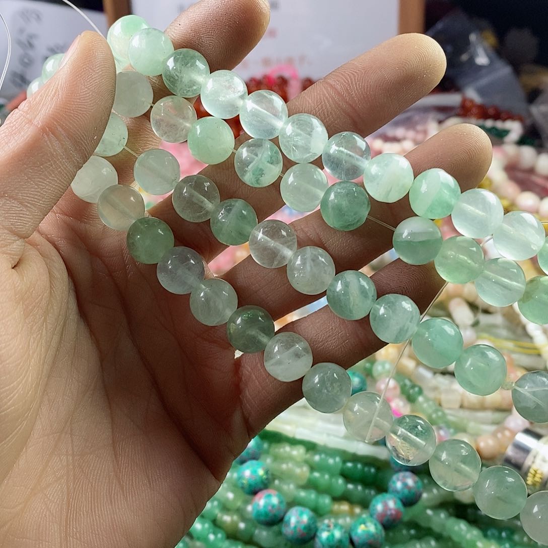 玛瑙/玉髓珠宝半成品合金一条天然10mm绿萤石圆珠A287