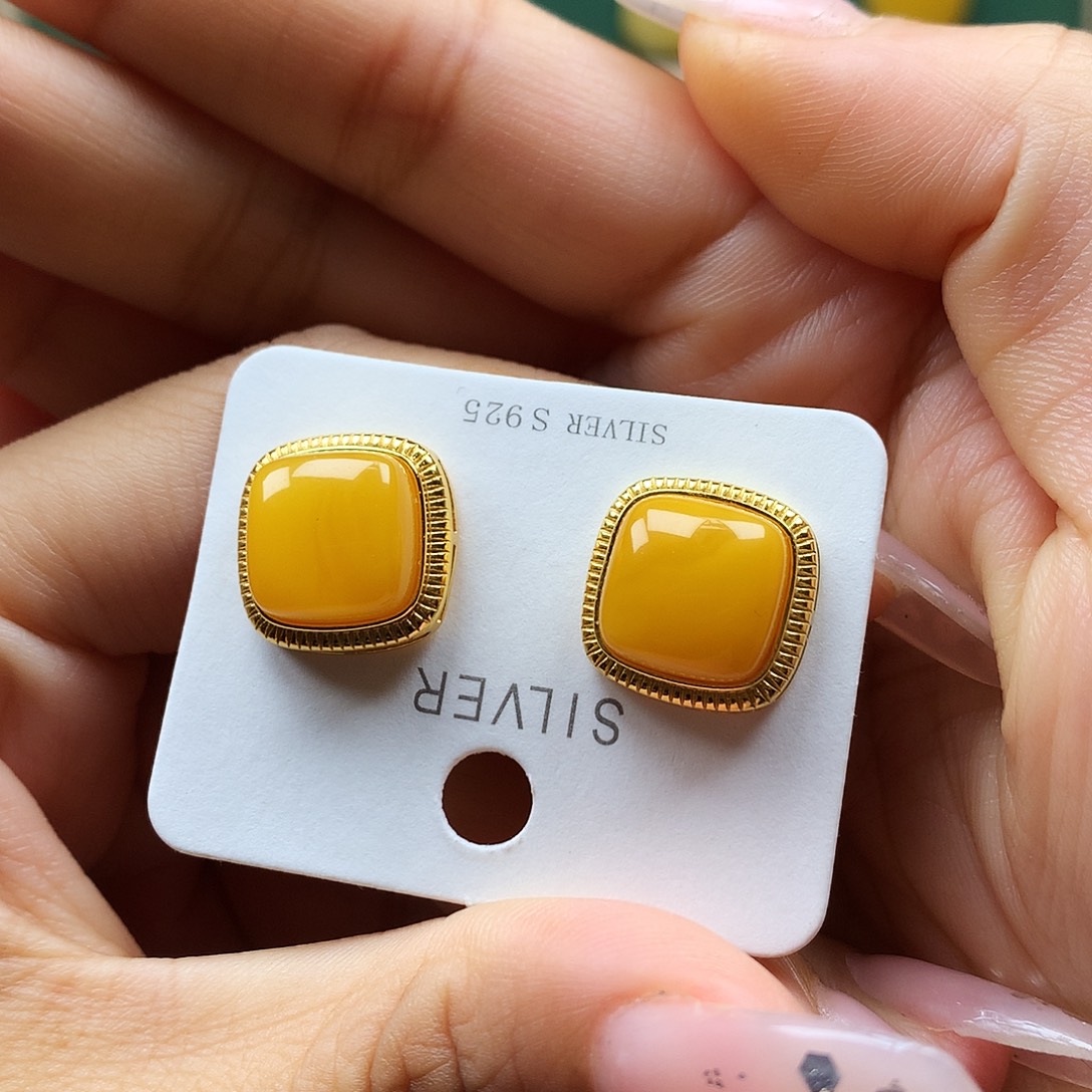 蜜蜡银S925镶嵌耳饰耳钉