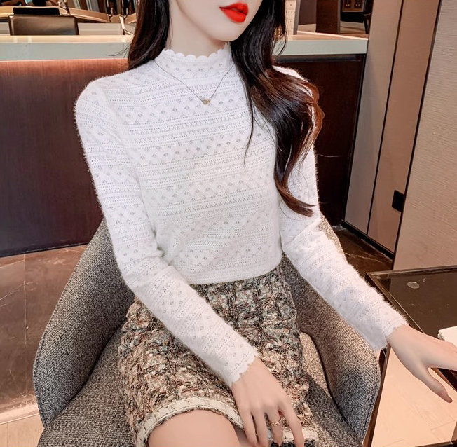 韩版高级感秋冬上衣蕾丝打底衫 百搭气质显瘦半高领 简约名媛风