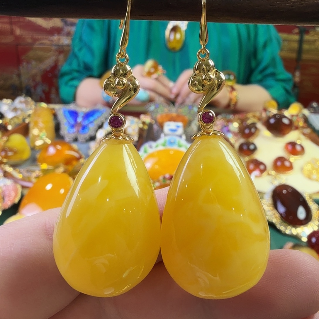 蜜蜡银S925镀金镶嵌耳环