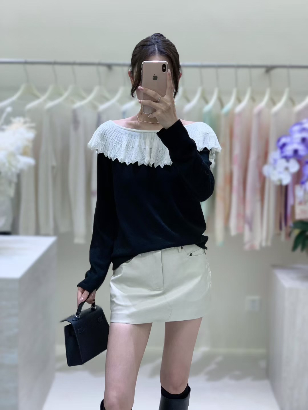 针织一字领常规薄款秋季毛针织衫蕾丝设计师春季上衣打底衫长袖