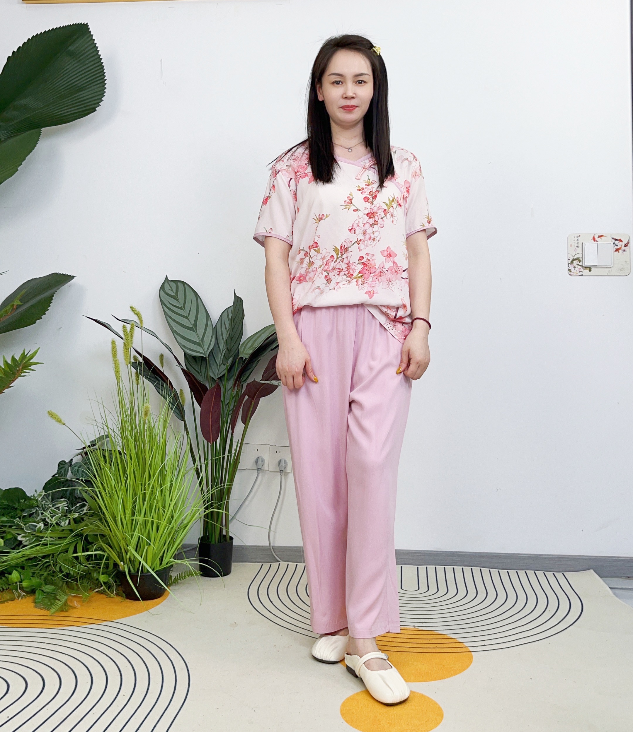 A30女士夏款印花棉绸人造棉套装丝滑高级感睡衣居家舒适柔软
