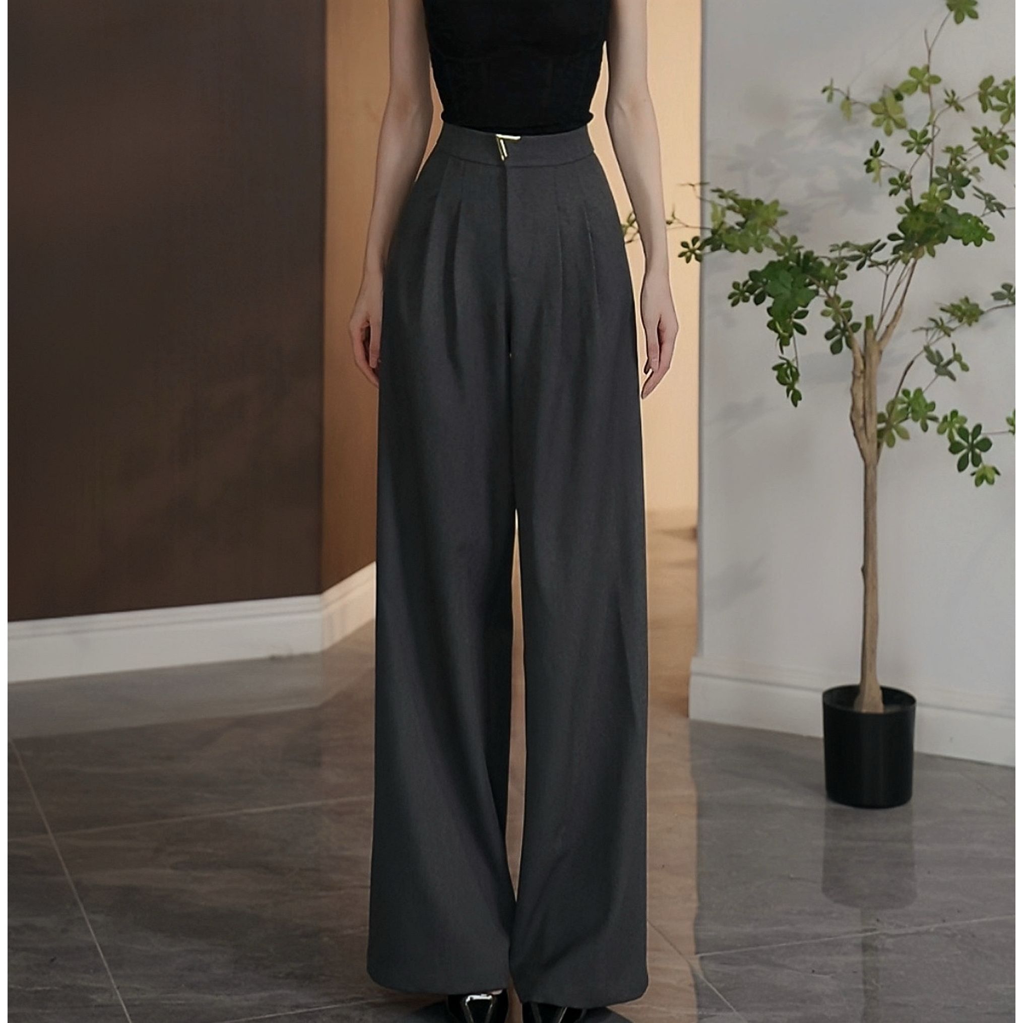 琦哥【上衣同款】原创高腰垂感宽松不挑腿型灰色显瘦阔腿裤35377