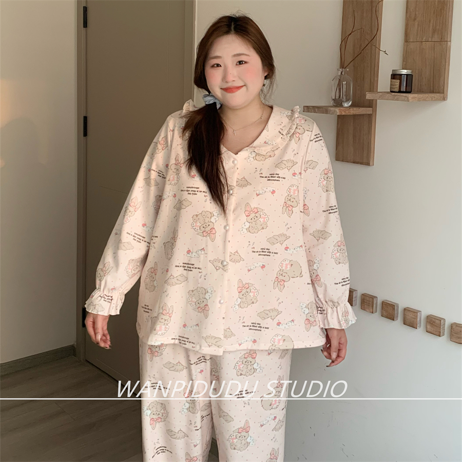 大码睡衣胖MM200斤秋冬长袖长裤德绒娃娃领粉兔可爱