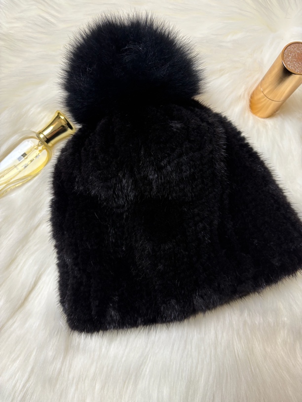 水貂毛密编弹力保暖帽子 时尚狐狸毛球皮草帽子