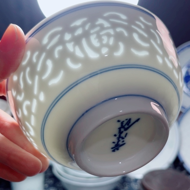 青花玲珑5寸饭碗满雕双福双线