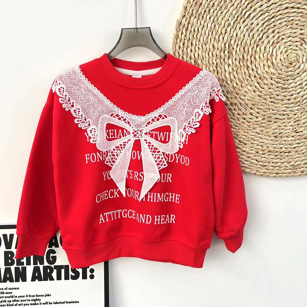 女童2025春季新款克蕾丝蝴蝶结圆领卫衣B0729