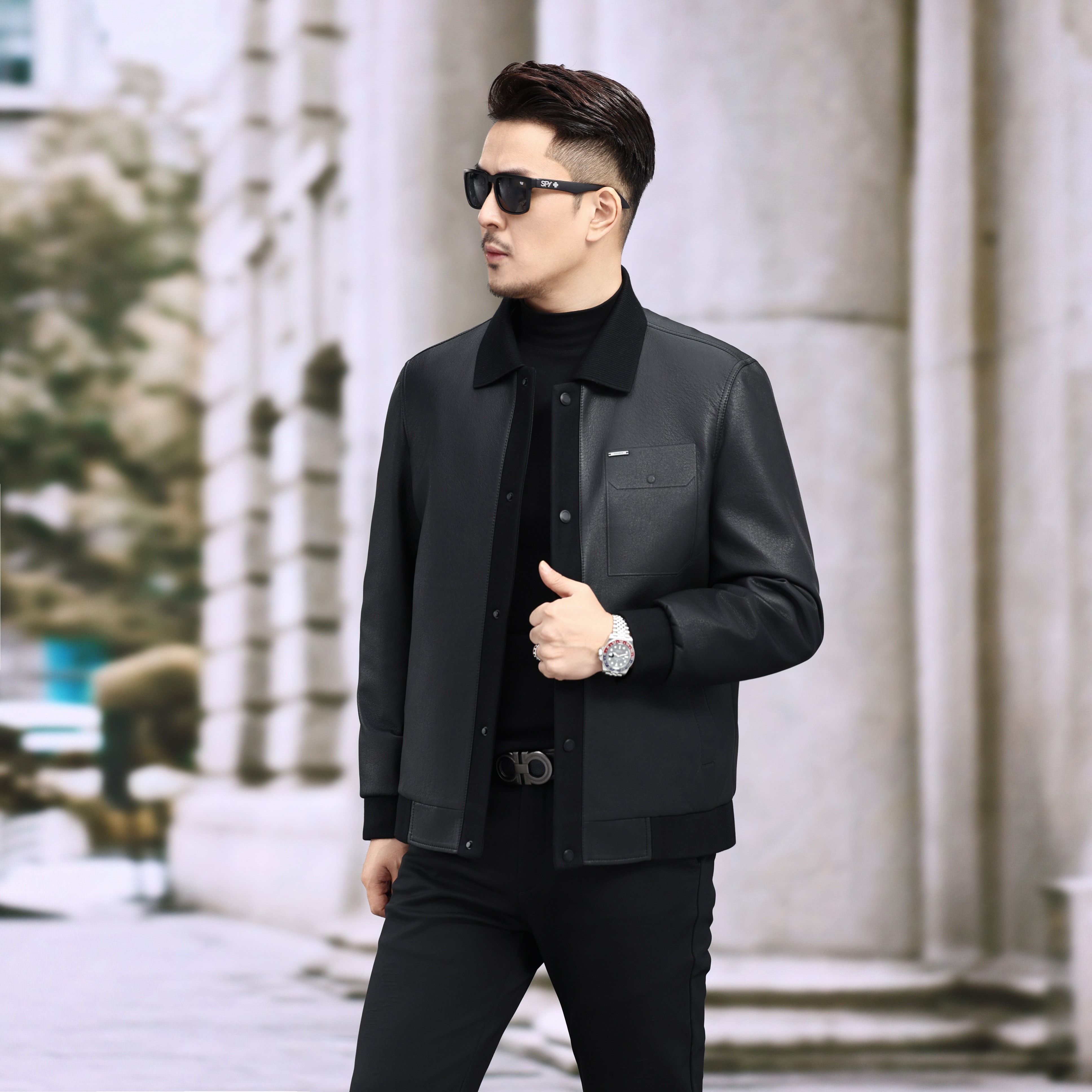 五防蛋白皮羽绒服男翻领冬季帅气夹克皮衣防寒服羽绒服外套
