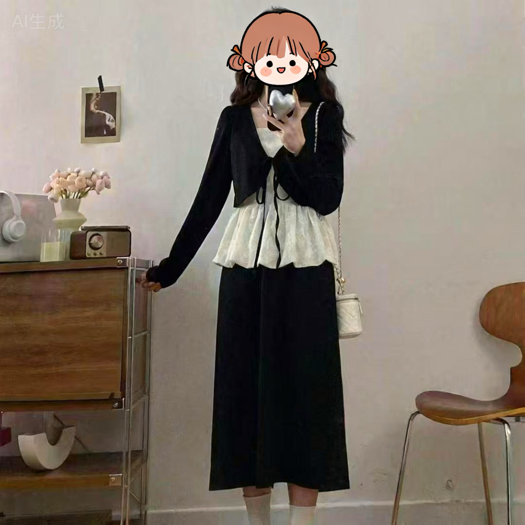 Bai大码【文学系少女】秋季假两件拼蕾丝韩系温柔上衣8051