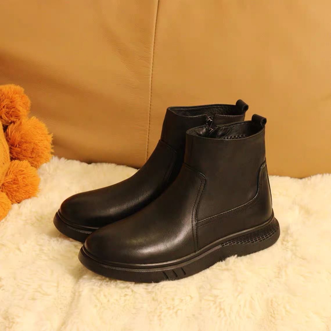 3538花藤萝蔓牛皮休闲圆头侧拉链男棉靴