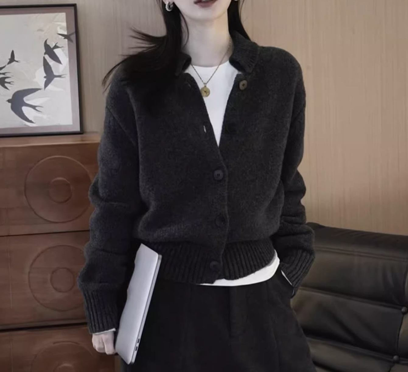 慵懒高级感短款毛衣开衫外套女2025新款爆款宽松韩系简约针织衫