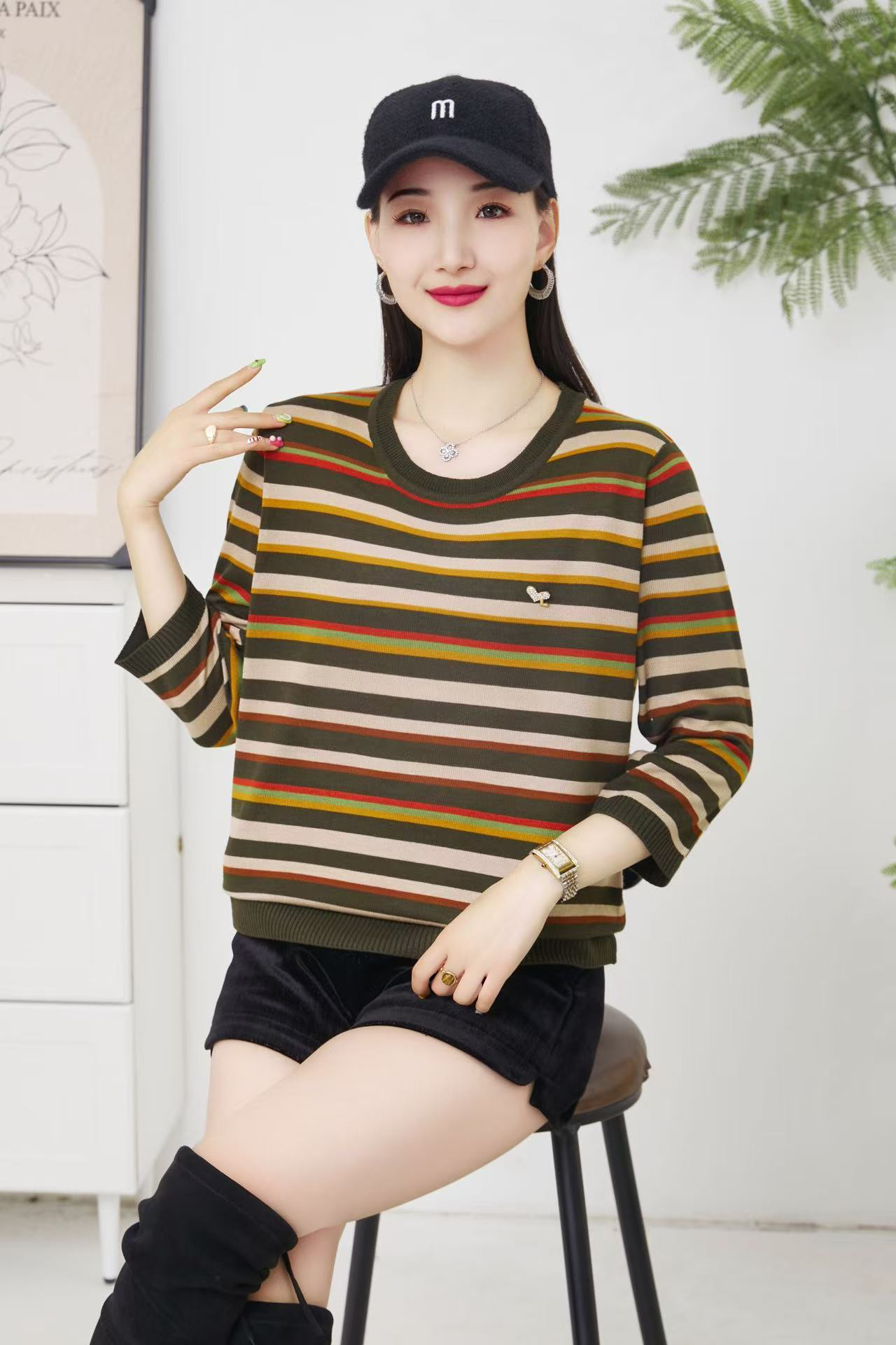2025春夏新款拼色条纹减龄时尚妈妈装七分袖针织宽松打底衫T恤女