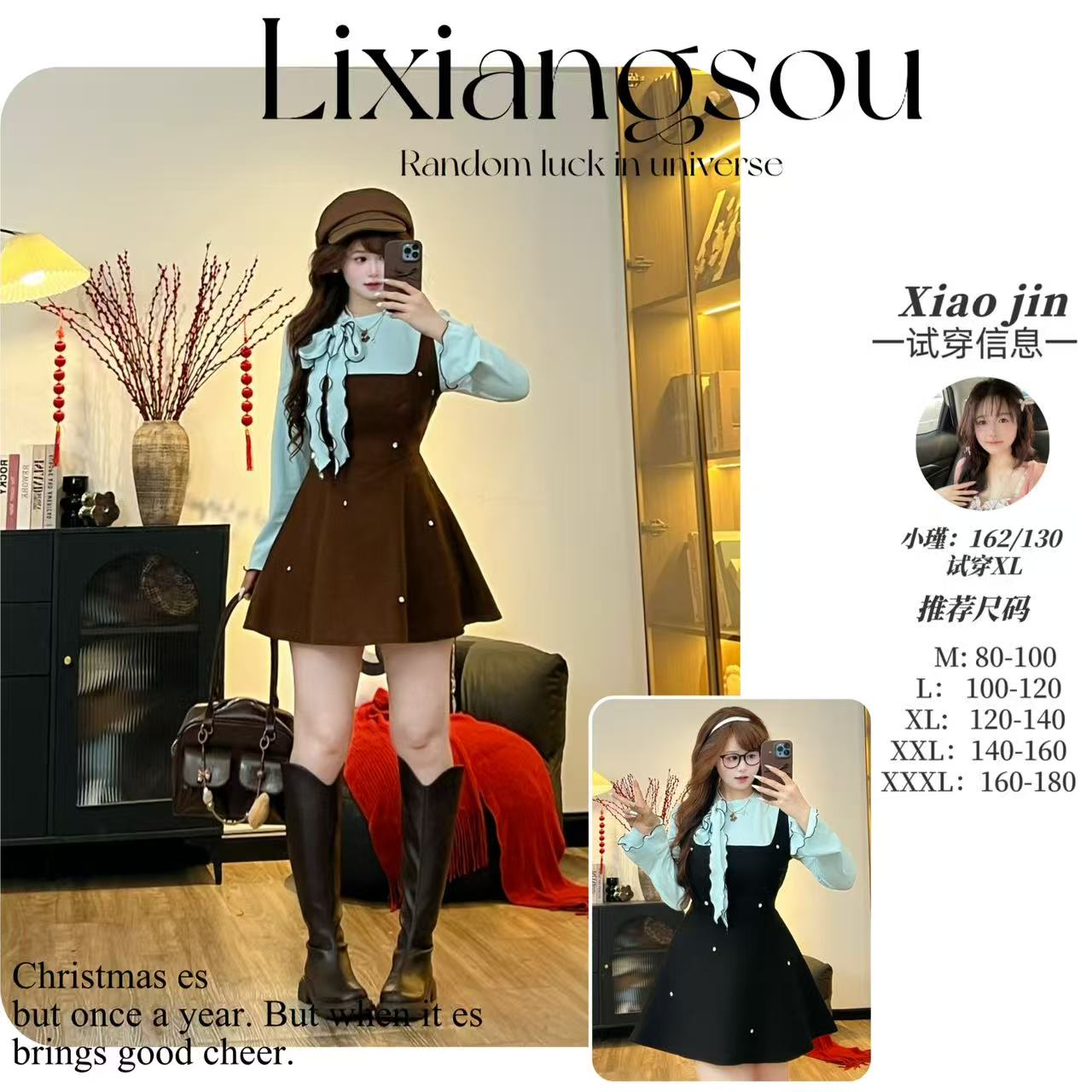 【薄荷巧克力】10955微胖mm学院风波点连衣木耳边A字显瘦连衣裙