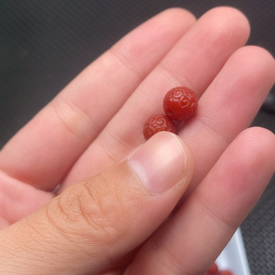 南红玛瑙未镶嵌9mm柿子红回纹珠一组2颗