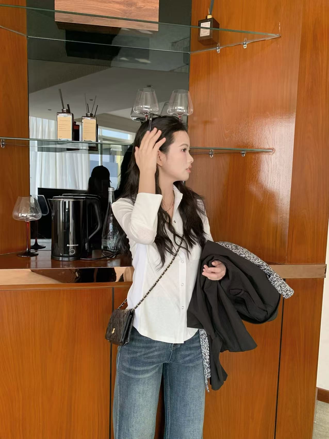 蘑糯米【螺纹拼接】米白色针织上衣5157-792-20