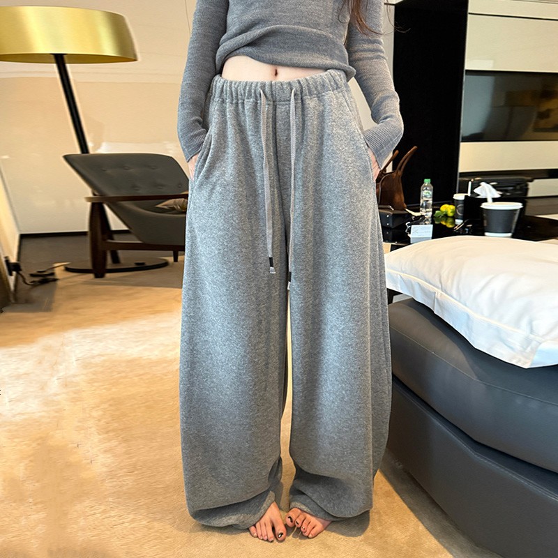 慵懒松弛感软糯垂感加绒弯刀裤女秋冬加厚羊尼糯米裤浅灰色阔腿裤