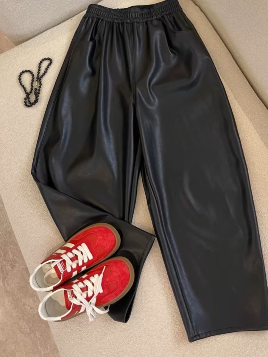 新款潮流阔腿皮裤女秋冬加绒高腰宽松廓形香蕉镰刀裤九分裤子
