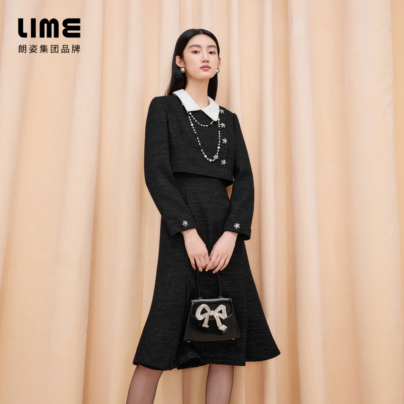 LIME/莱茵【呢喃花语】优雅收腰鱼尾梭织连衣裙黑色LDGD9BWOP809