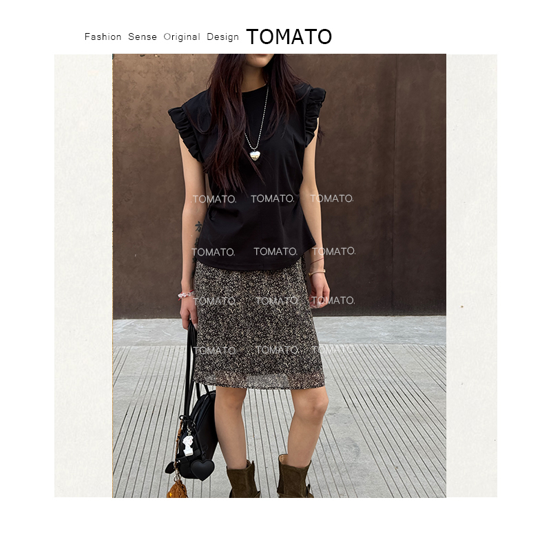 【TomaTo】月苒 夏季新款缎面飞飞袖抽褶气质收腰短袖T恤C25T6110