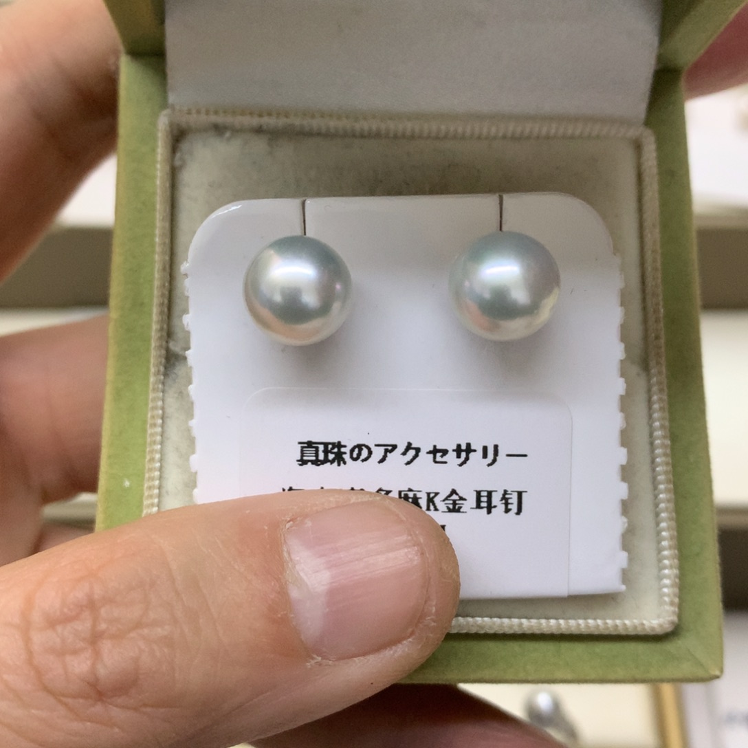 海水珍珠18K金镶嵌耳饰9-9.5真多麻素钉