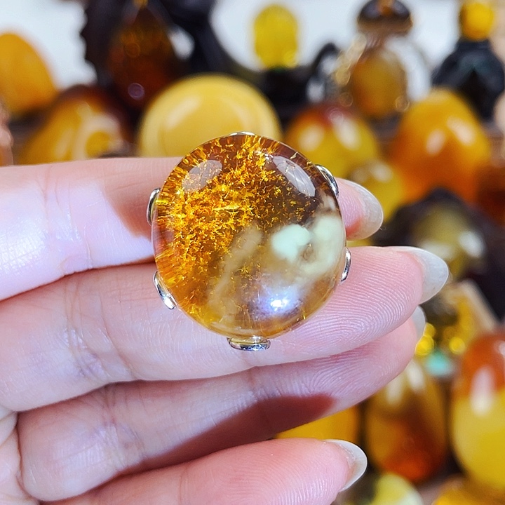 琥珀戒指银S925镶嵌戒指