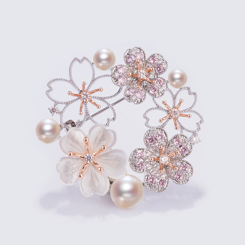 铜合金胸针 高档精致粉色樱花花环女气质高级感西装