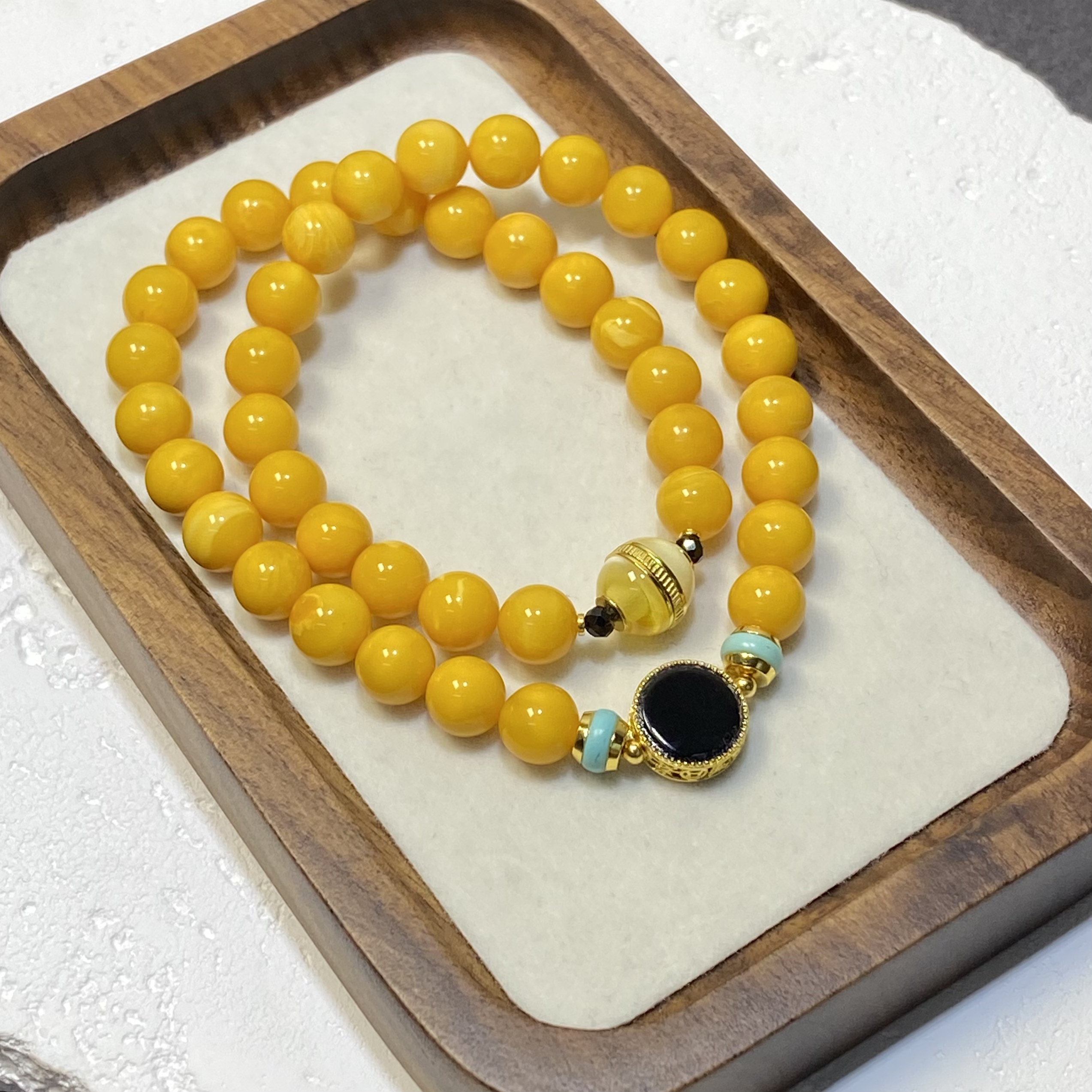 【亿轩珠宝】ZX139505焦皮料双圈手串diy绿松&玛瑙8mm+