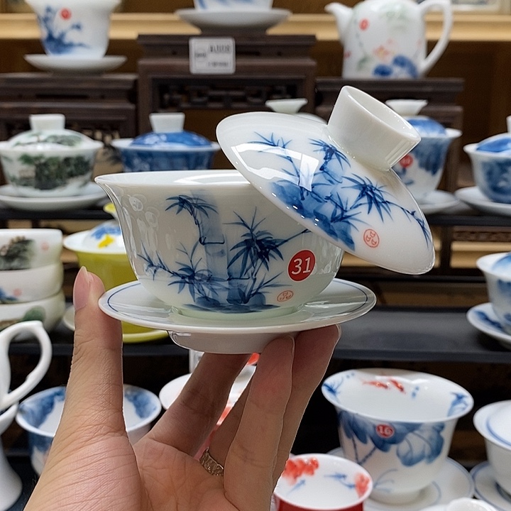 手绘竹子悬停盖碗150cc釉下彩微瑕福利款
