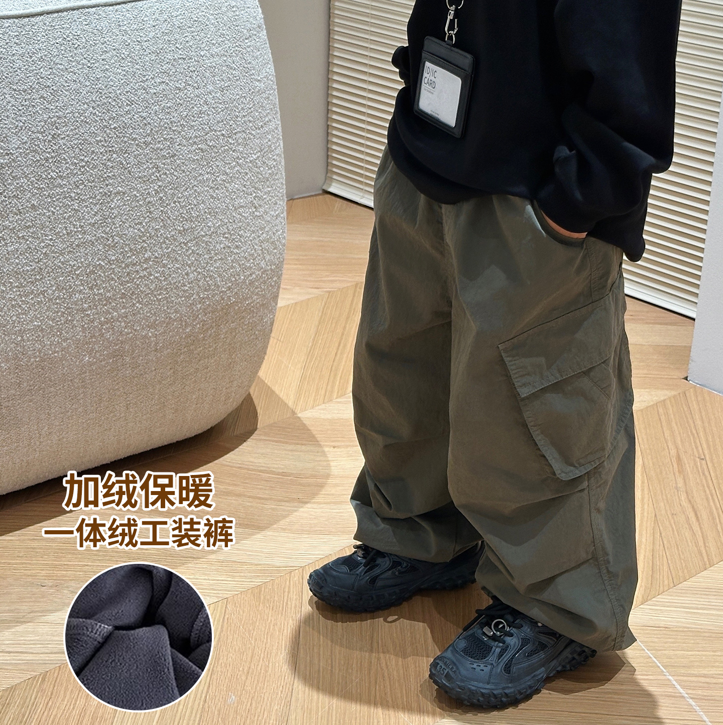 男童冬季加绒裤子儿童新款一体绒工装裤中大童加厚保暖休闲裤冬款