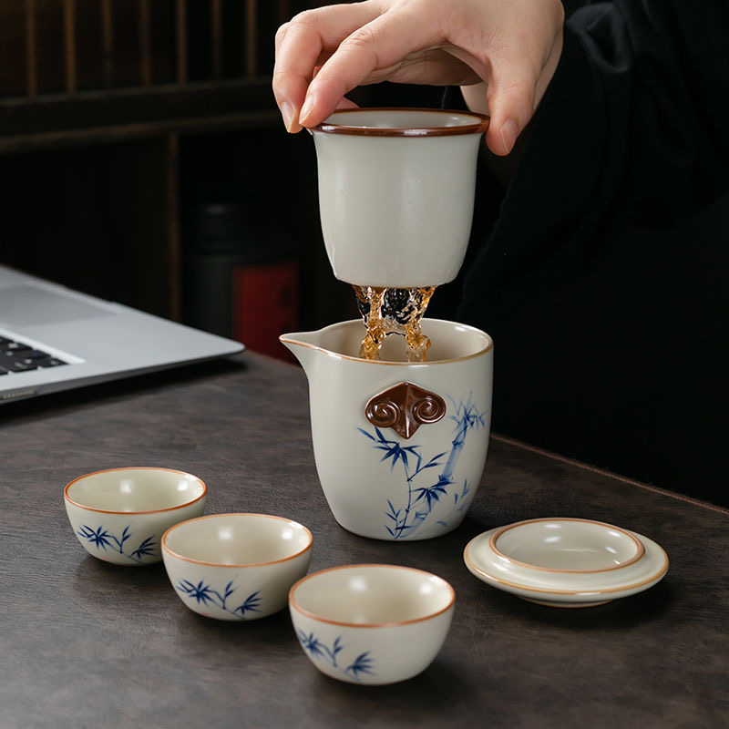 D077汝窑竹韵旅行茶具一人饮茶壶茶杯简约便携式快客杯茶具