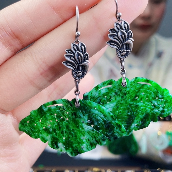 翡翠耳饰银S925镶嵌饰品