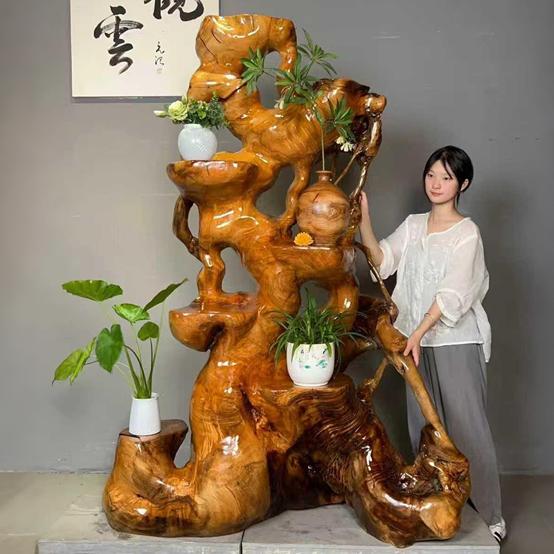 天然实木根雕花架落地式室内盆景置物架适合家居摆放