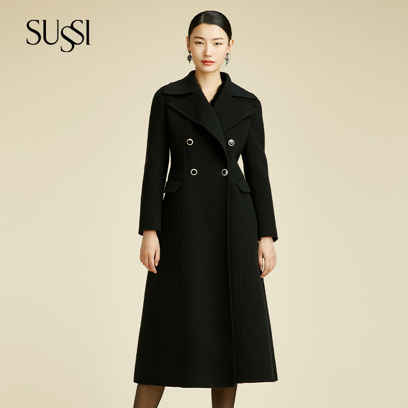 SUSSI古色丨“月夕繁星”法式大女主气质翻领排扣长款星辰黑大衣女