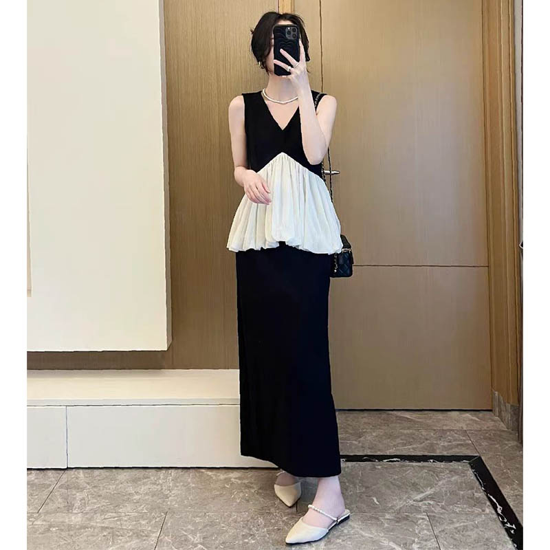 （女装）25115 黑白撞色荷叶边无袖背心上衣搭半身裙气质时尚套装