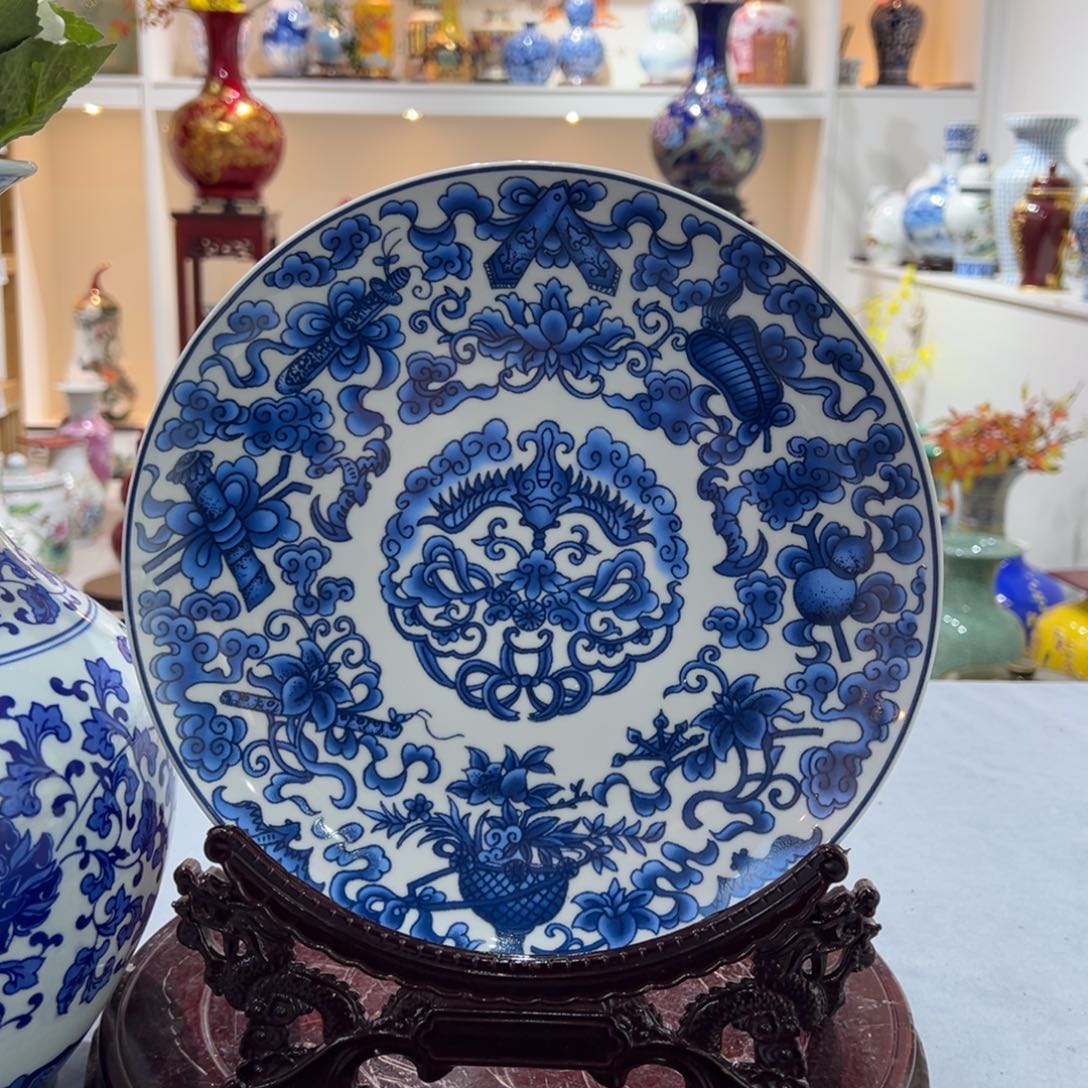 陶摆件26cm青花缠枝莲赏盘