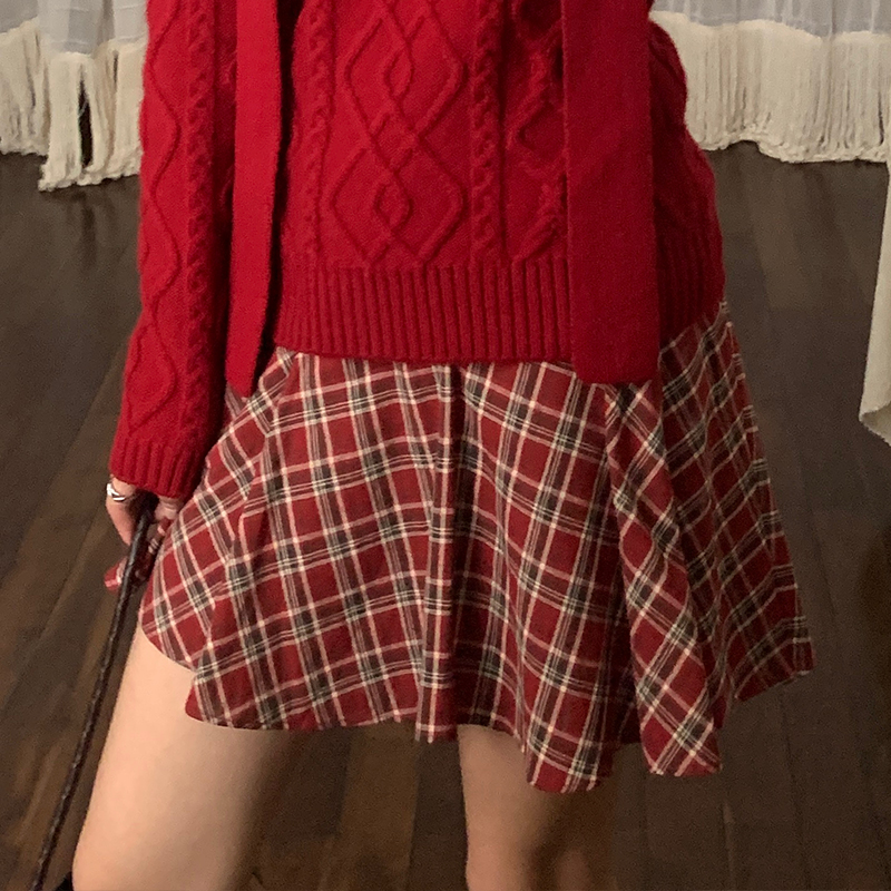 【ODTD】新品25秋冬皮带饰抽皱格纹摆裙短裙半裙