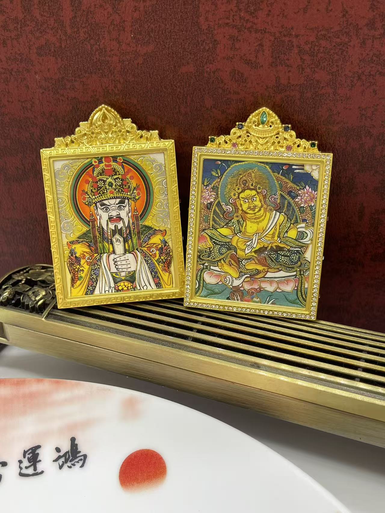 黄铜吊坠 铜吊坠五爷唐卡双面国风黄财神唐卡吊坠