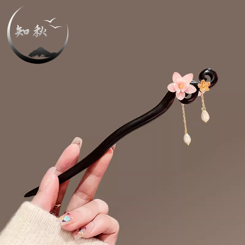 笑若桃花新中式紫光黑檀木发簪简约日常盘发流苏发饰汉服旗袍083