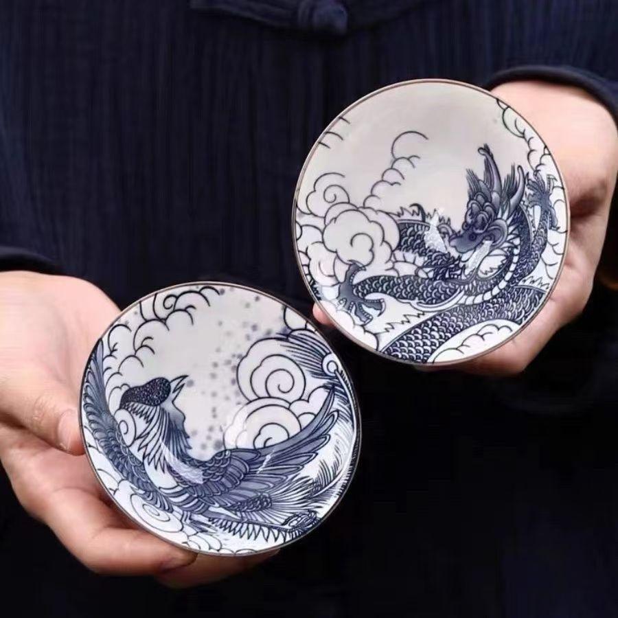 【龙凤一对装】青花斗笠杯茶杯陶瓷杯家用功夫茶杯主人杯茶具