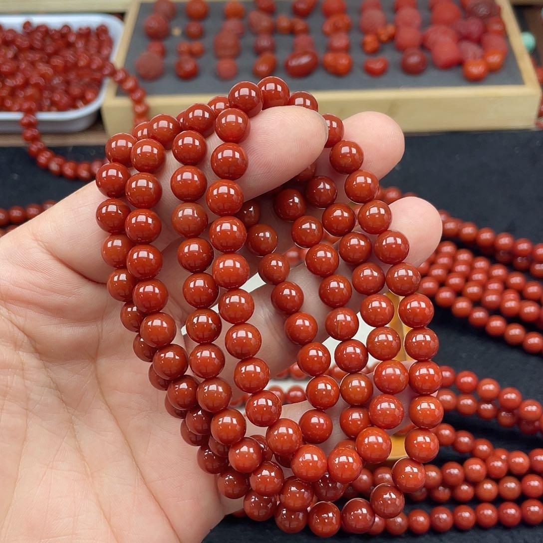 未镶嵌2号瓦西牛血红卡8圆珠108南红玛瑙