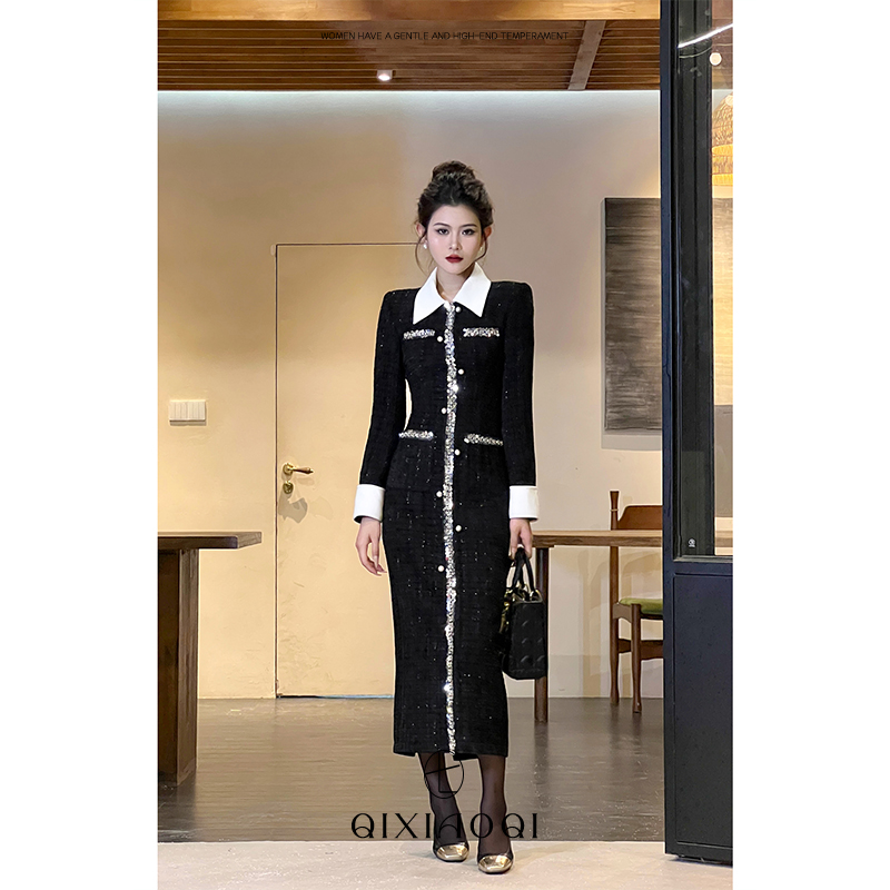 七小七Sicily【佩洛里星河】法式黑色小香风连衣裙秋冬新款轻奢长裙