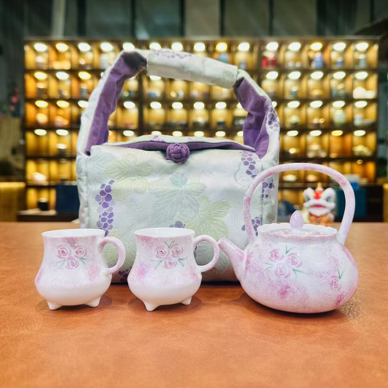 KK0629-纯人工手绘手作玫瑰提梁一壶两杯+加厚刺绣收纳包