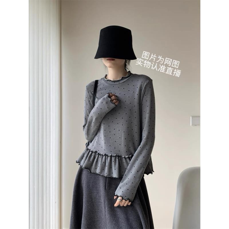 冬季新款灰色波点花边设计显瘦百搭长袖打底T恤女DGZ-9978