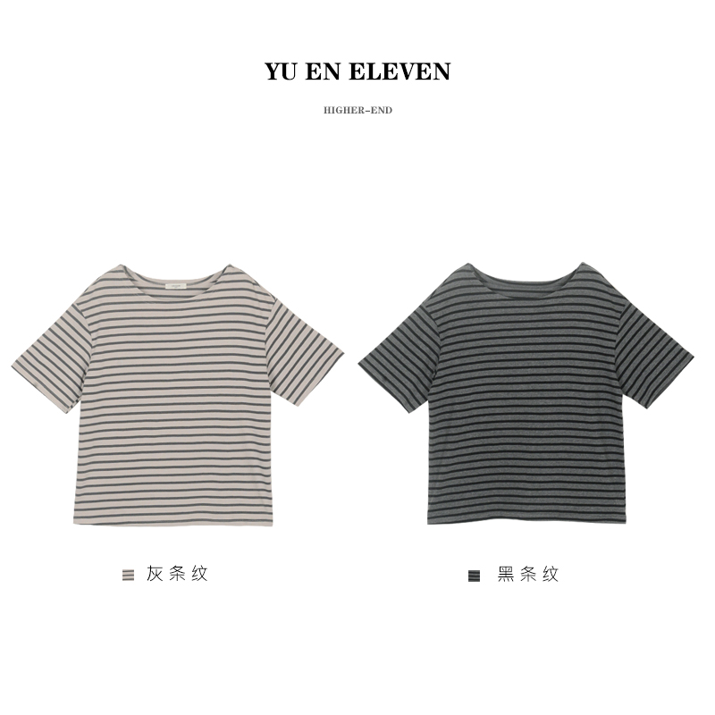 YUEN ELEVEN屿恩小众【大领口条纹T恤】简约圆领百搭休闲条纹T恤女