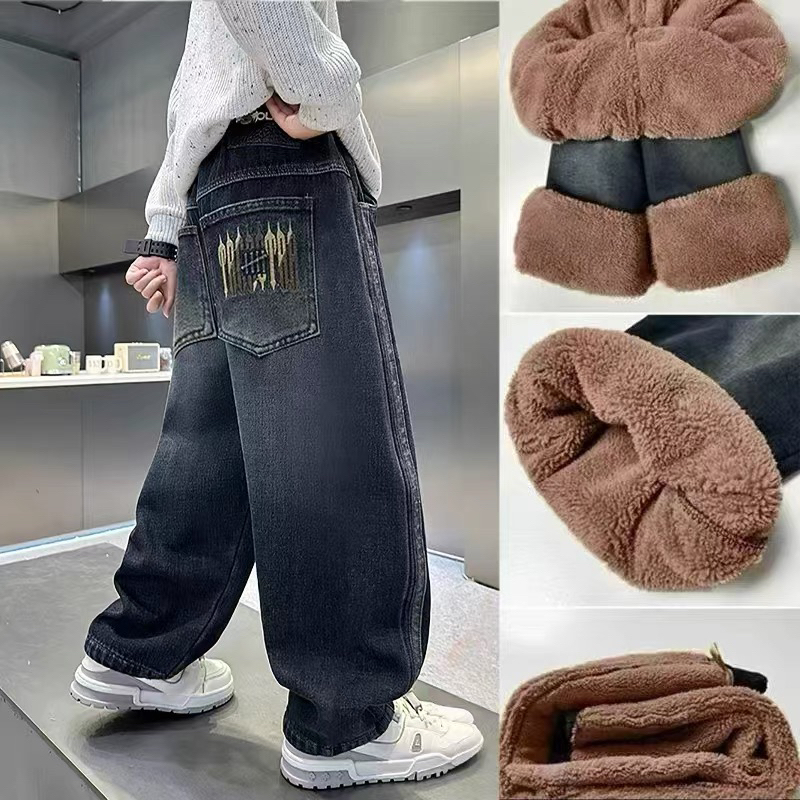 男童加绒牛仔裤羔羔绒加厚冬季裤子男孩冬装宽松裤2025新款潮帅气