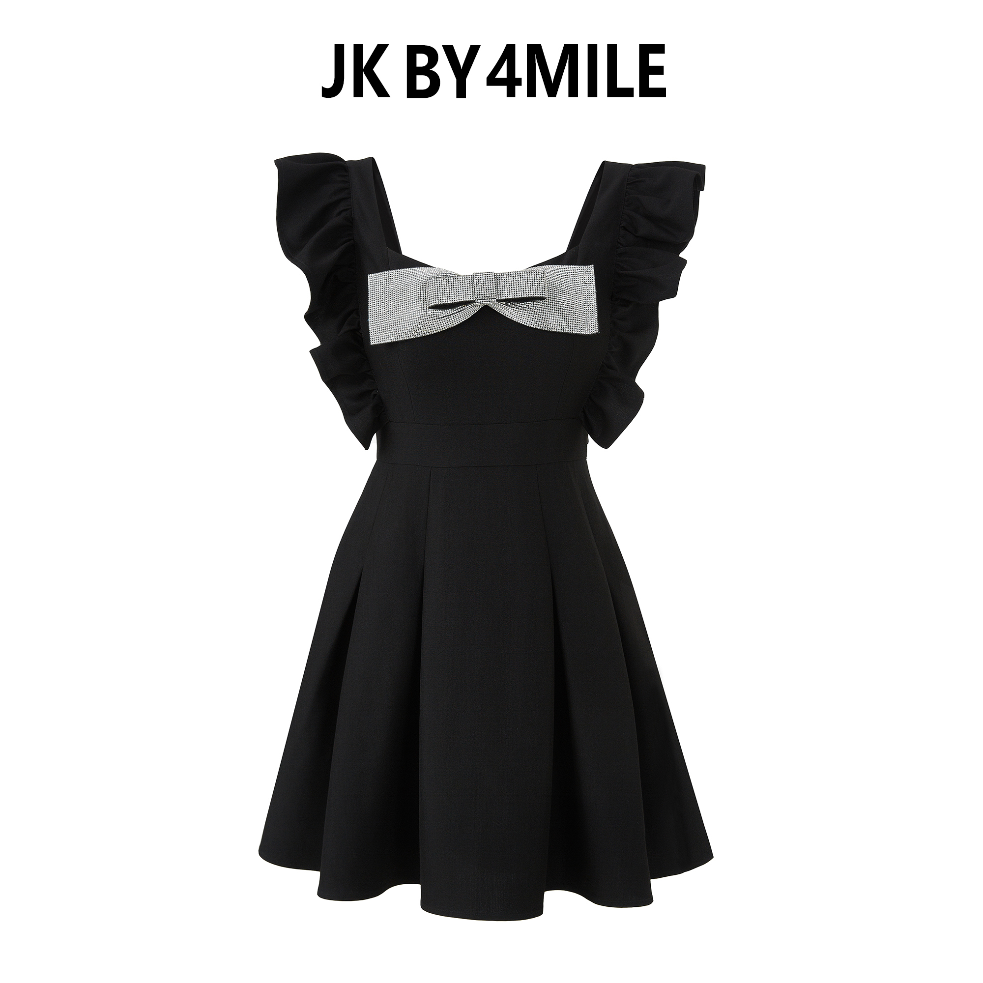 JK BY 4MILE可拆卸闪钻蝴蝶结装饰连衣裙法式赫本质感小黑裙
