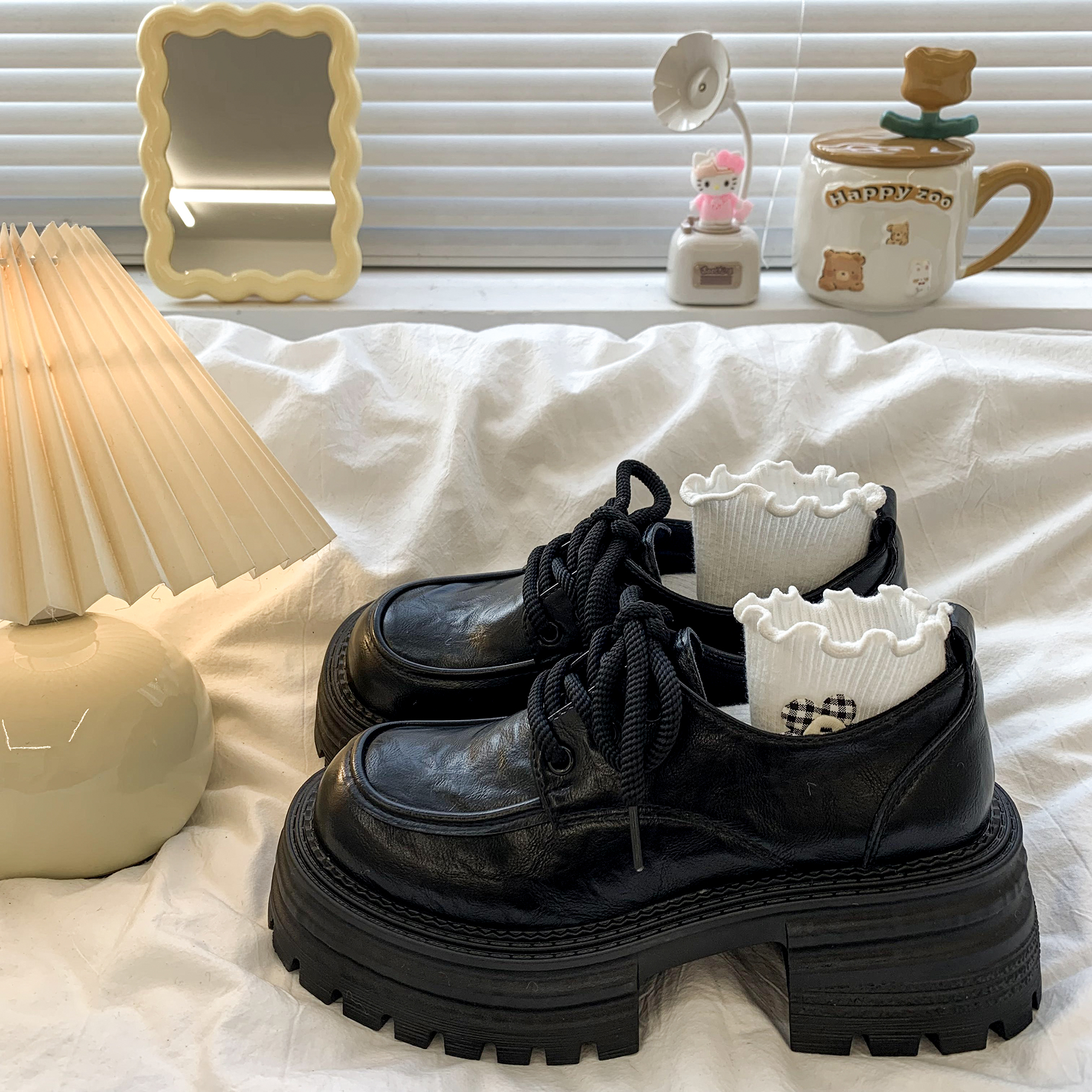 7cm增高厚底黑色小皮鞋女2025春秋新款英伦风复古单鞋百搭乐福鞋